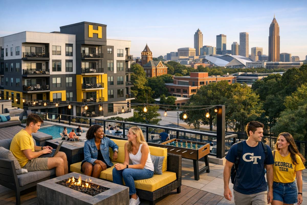 beyond-the-books-how-the-hive-living-enhances-your-georgia-tech-student-experience Students enjoy a bright, modern living space at The Hive.